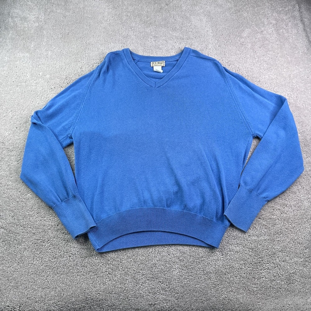 Vintage LL Bean Sweater Mens XL Blue Cotton Knit V Neck Pullover Made in USA
